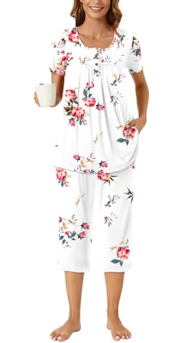 Bestbee Women's Summer Pajama Sets Capri Pant With Pockets Henley Neck