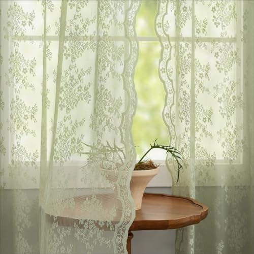 Sage Lace Green Curtains 63 Inch Length for Bedroom Elegant Flowered Light Filtering Semi Sheer Embroidered Drapes W52 X