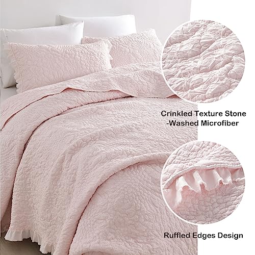 HORIMOTE HOME Pink Ruffled Quilt Queen Size, Stone-Washed Microfiber Lightweight Crinkled Rustic Shabby Chic Bedding Set