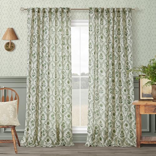 Green floral linen curtains for living room and dining room
| Semi sheer olive plant flower patterned printed curtains