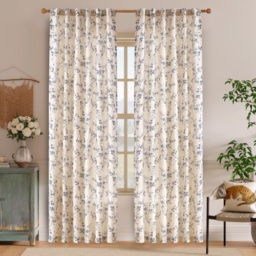 Lazzzy Blue Floral Linen Curtains for Living Room and Bedroom
| Farmhouse Style Blue on Beige Linen Curtains 84 Inch Le