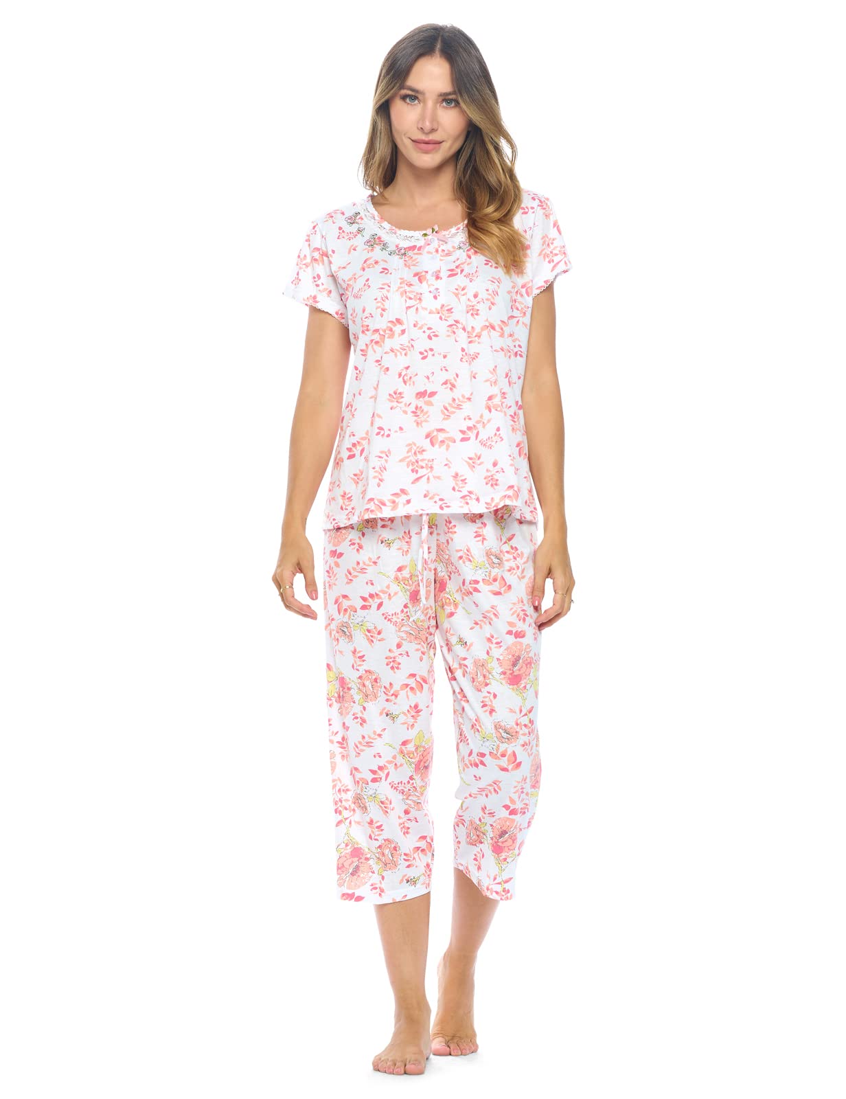 Women's Casual Nights Floral Sleepwear Top & Capri Pants Pajama Set for Sleep and Relaxation
| Casual Nights Women's Fl