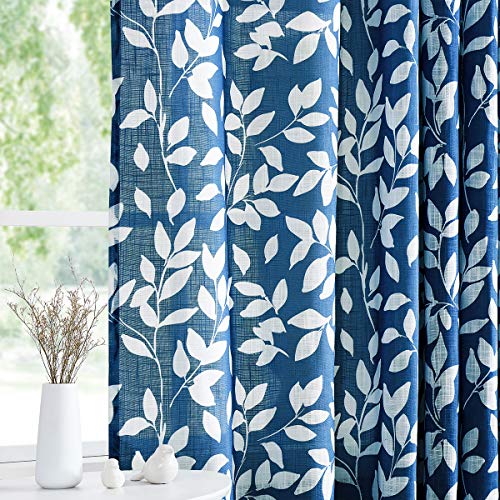Treatmentex White and Blue Semi-Sheer Print Leaf Curtains for Bedroom and Living Room, Deep Blue Grommet Top, 84" Length