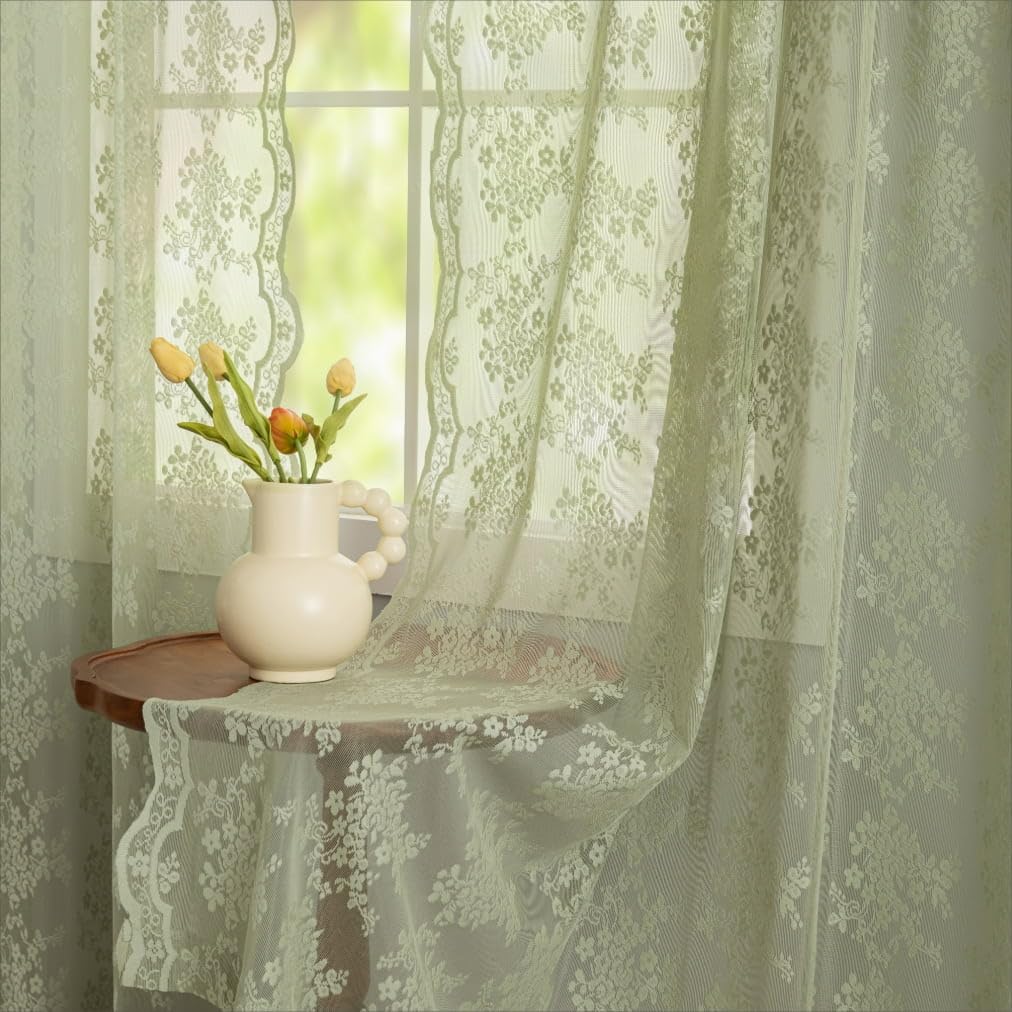 Sage Lace Green Curtains 63 Inch Length for Bedroom Elegant Flowered Light Filtering Semi Sheer Embroidered Drapes W52 X