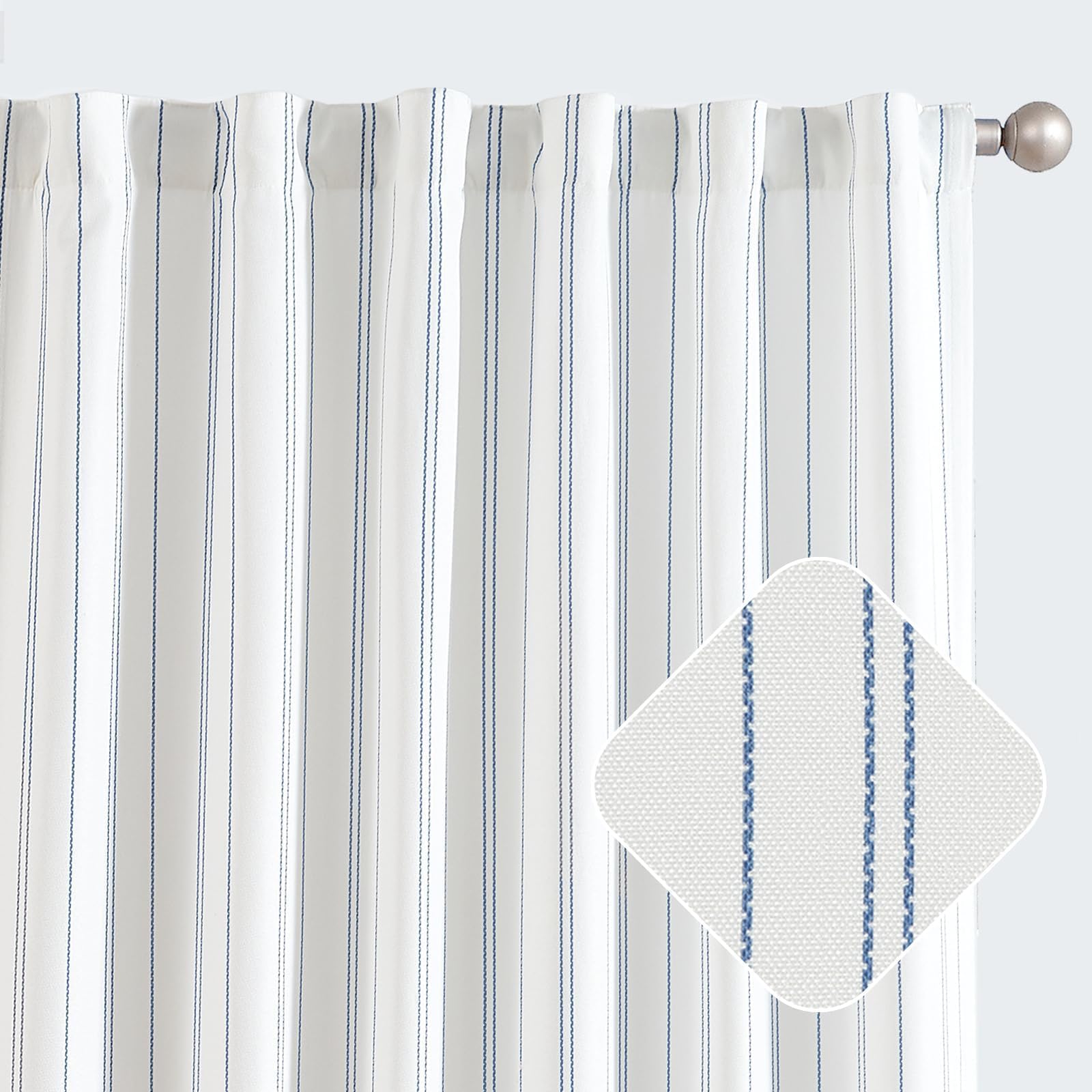 Blue and White Striped Curtains Living Room Bedroom - Pinstripe Privacy Light Filtering Rod Pocket Modern Window Curtain