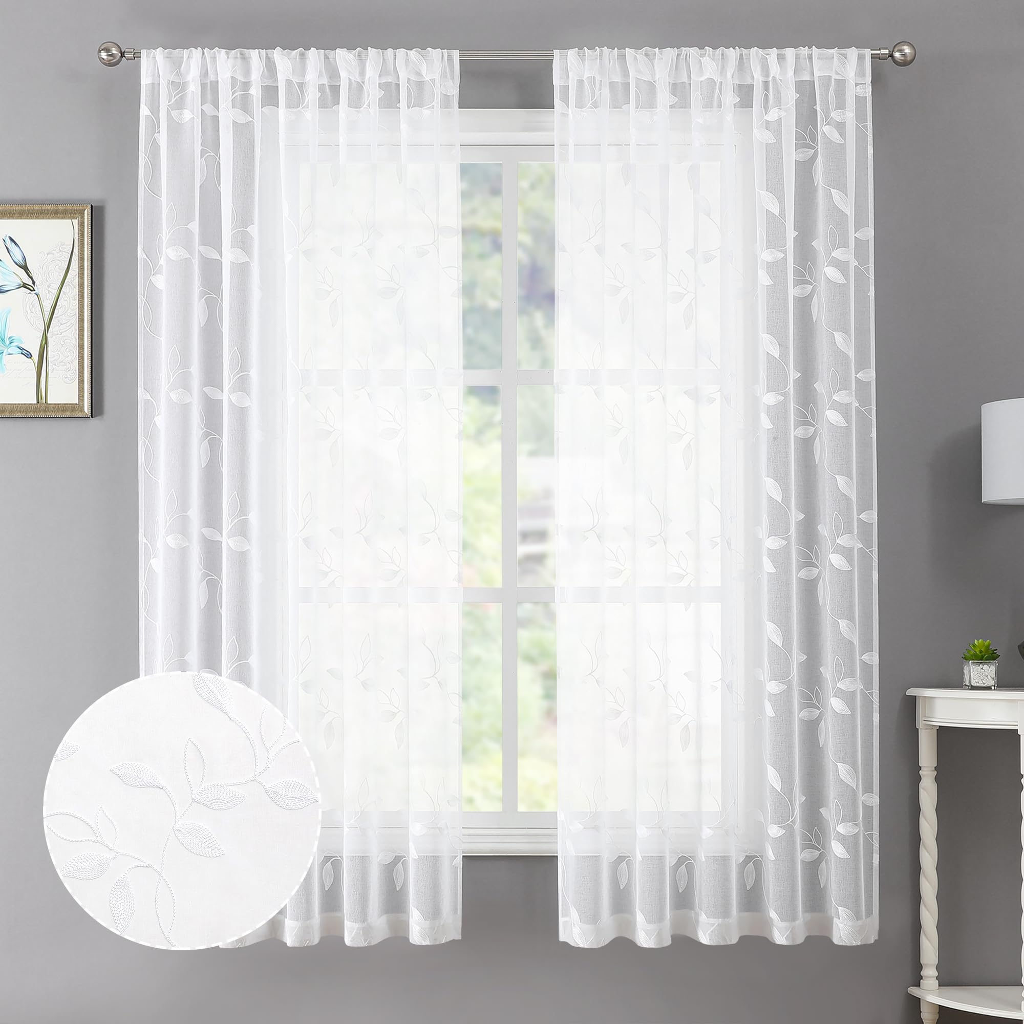Tollpiz White Leaf Sheer Curtains for Bedroom Enhance Privacy and Natural Light
| Tollpiz White Leaf Embroidered Curtai