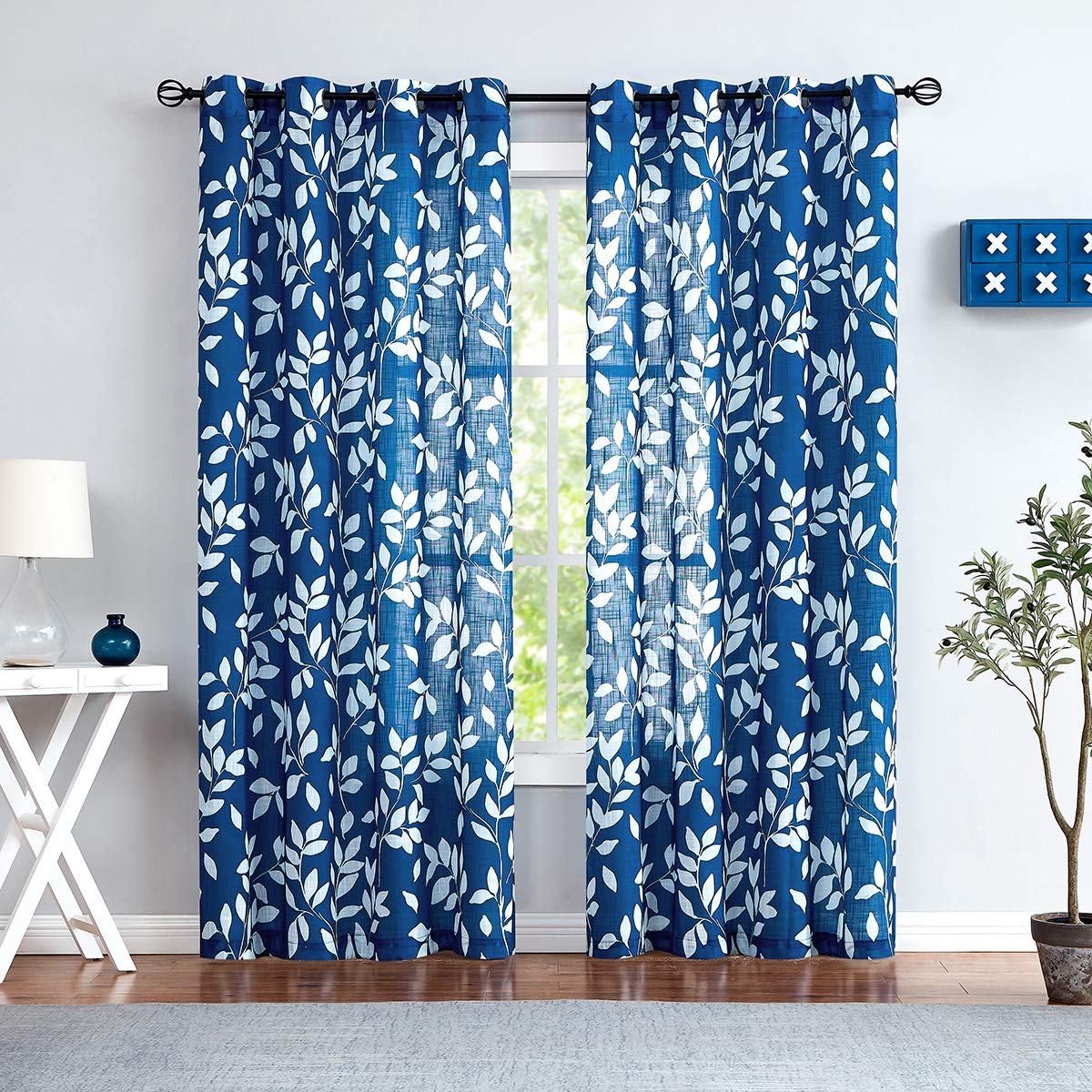 Treatmentex White and Blue Semi-Sheer Print Leaf Curtains for Bedroom and Living Room, Deep Blue Grommet Top, 84" Length