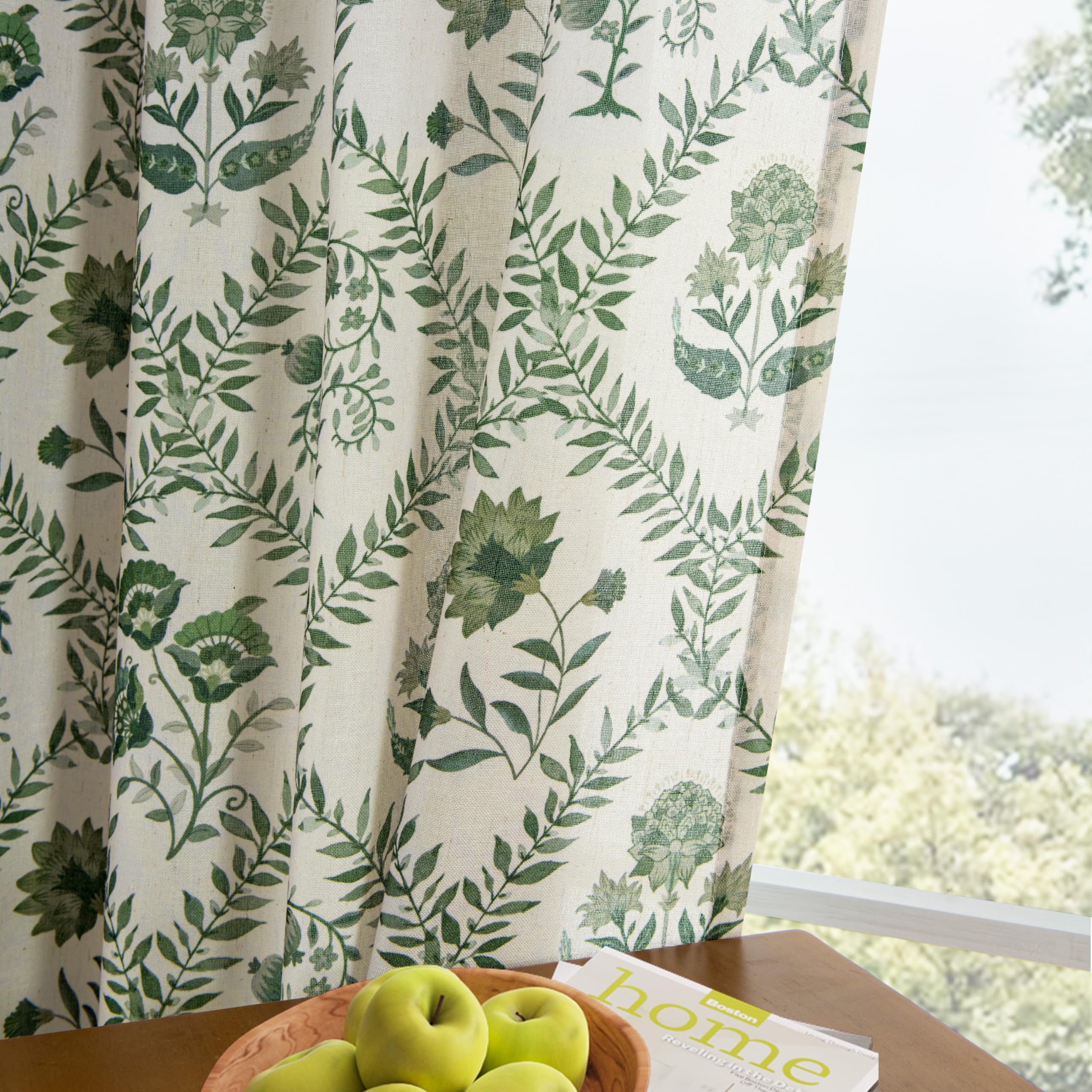 Green floral linen curtains for living room and dining room
| Semi sheer olive plant flower patterned printed curtains