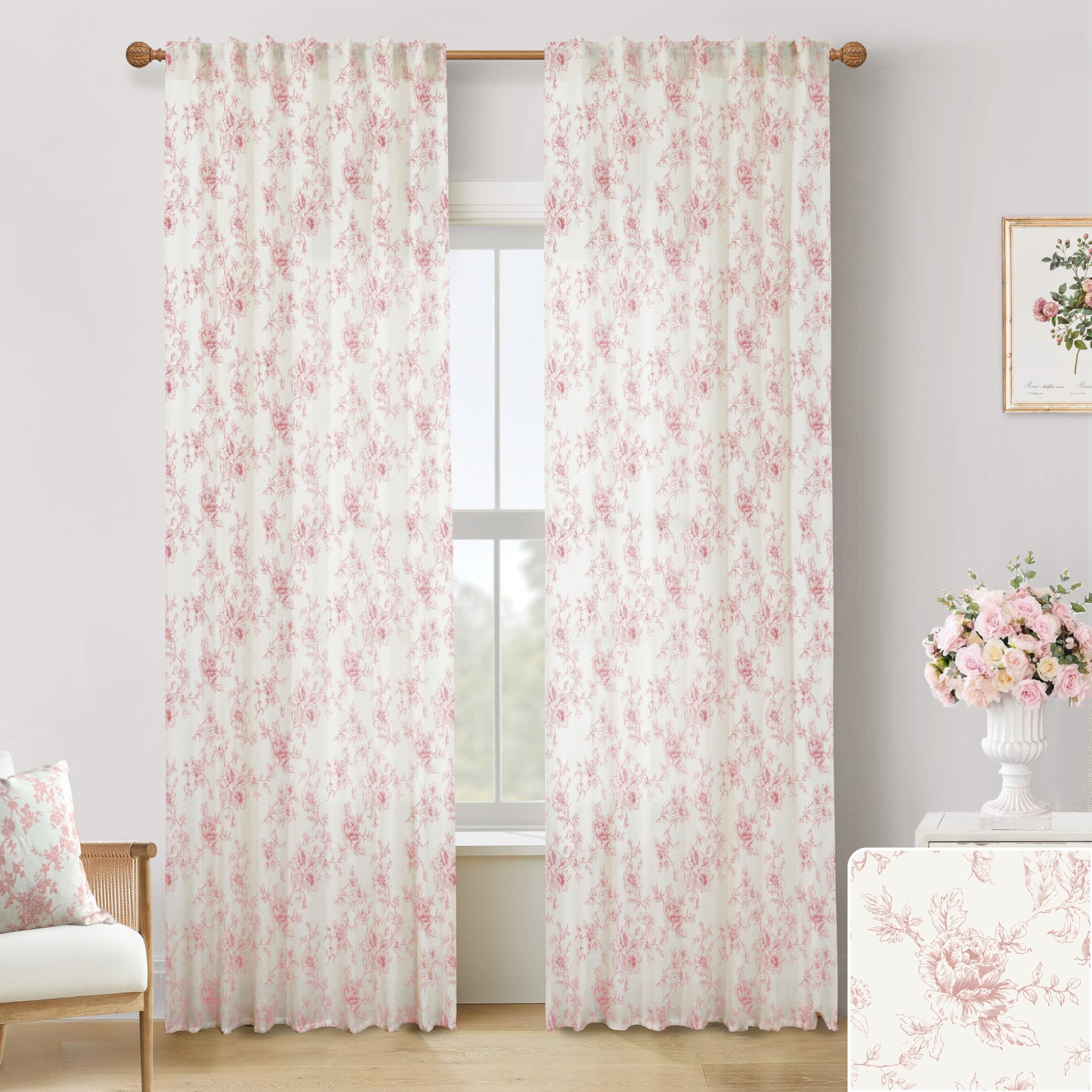 Pink Floral Curtains Cute Vintage Sheer Light Blush Flower Patterned for Girls Bedroom 2 Panels
| Boho Shabby Chic Pink