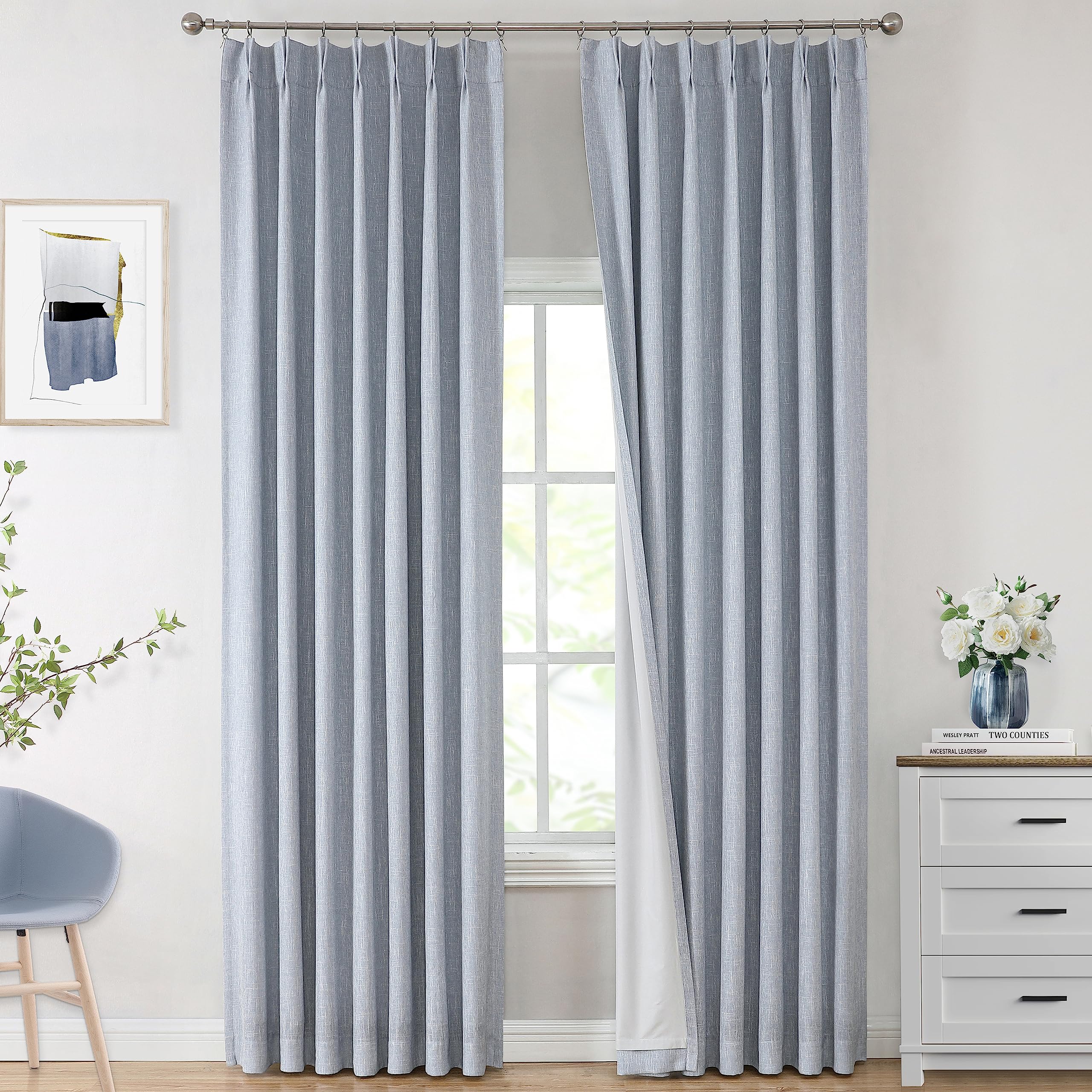 Vision Home Chambray Blue Pinch Pleated Full Blackout Curtains for Living Room & Bedroom Thermal Insulated